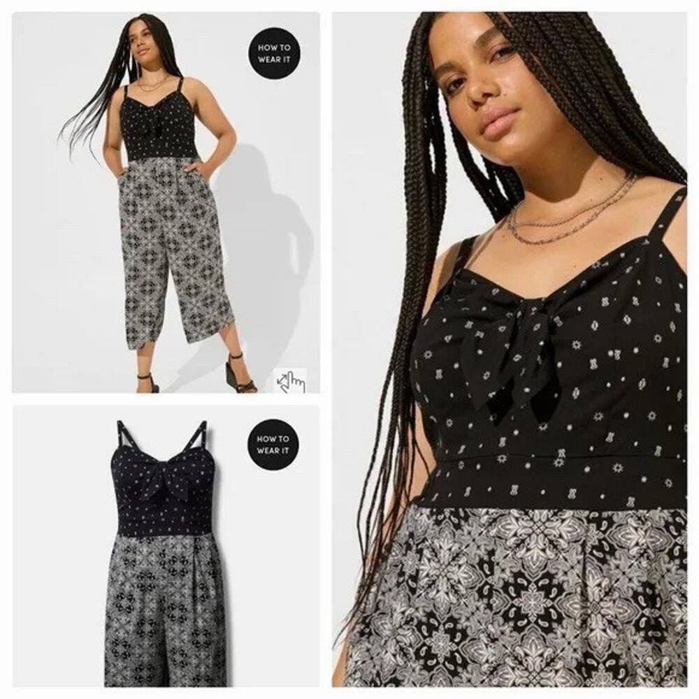 NWT Torrid Tie Front Culotte Jumpsuit black geometric print Pocket Plus Sz 1X